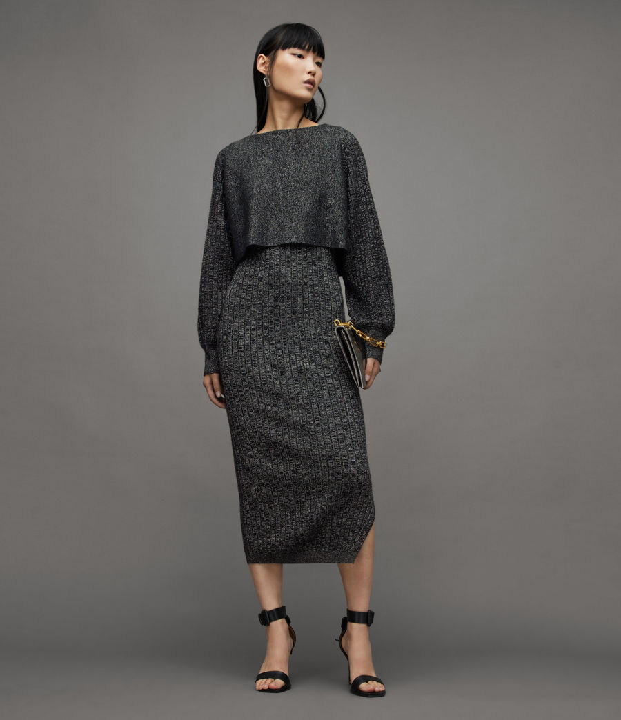 ALLSAINTS 台灣官方網站| MARGOT 金屬光澤兩件式洋裝Black/Silver